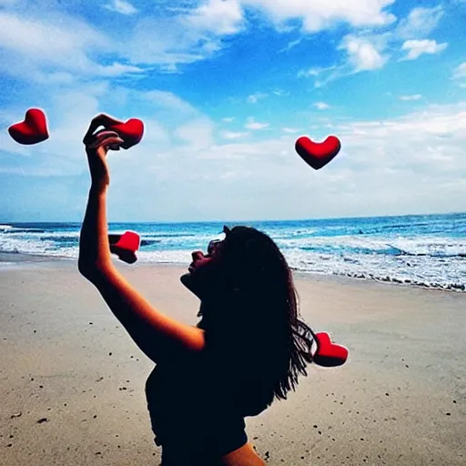 Prompt: “a college girl taking a selfie on the beach with lots of hearts in the air”