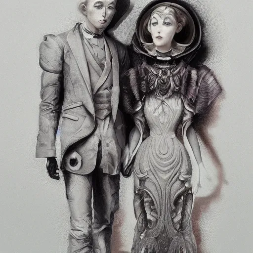 Image similar to victorian robotic couple, walking a human on a lead, beauty portrait, smooth, sharp focus, award - winning, masterpiece, in the style of of beth cavener, jin kagetsu, james jean and wlop, face symmetry, masterpiece, award winning, sharp focus, intricate concept art, ambient lighting, artstation