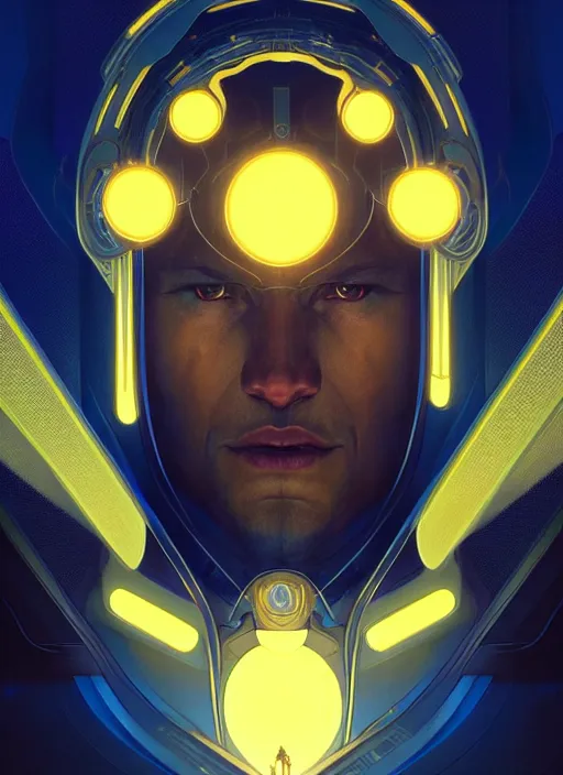 Image similar to symmetry!! portrait of a strong man, sci - fi, tech wear, blue and yellow glowing lights!! intricate, elegant, highly detailed, digital painting, artstation, concept art, smooth, sharp focus, illustration, art by artgerm and greg rutkowski and alphonse mucha