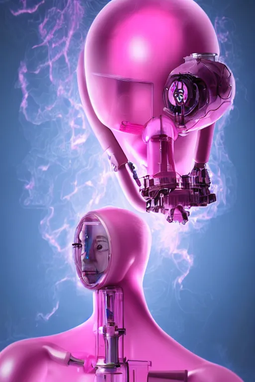 Image similar to Pink Vapor Inhalation Cyborg in a Medical Laboratory Connected to a Spherical Bottle of Pink Liquid by a Tube, Pink Vapor Leaking from an Oxygen Mask, fantasy, magic, ultra detailed, digital art, trending on artstation, illustration, robotic, mechanical, creepy, unsettling, horror, abandoned