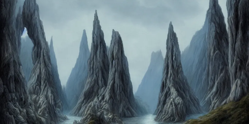 Image similar to Argonath statues at the River Anduin, Pillars of the Kings, evening, detailed matte painting, low angle view, cinematic, Alan Lee, Artstation