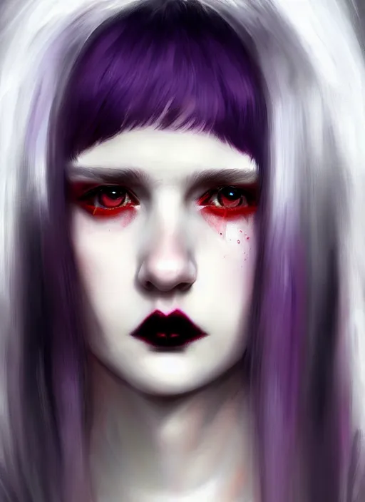 Image similar to portrait of white teenage girl, normal face, white bangs, mall goth, cyberlox, black and white hair, bangs, fluffy bangs, red contact lenses, purple lipstick, intricate, elegant, highly detailed, digital painting, artstation, concept art, sharp focus, smooth, illustration, art by wlop, mars ravelo and greg rutkowski