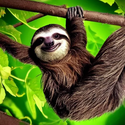 Image similar to an energetic young sloth with big eyes swinging on a vine