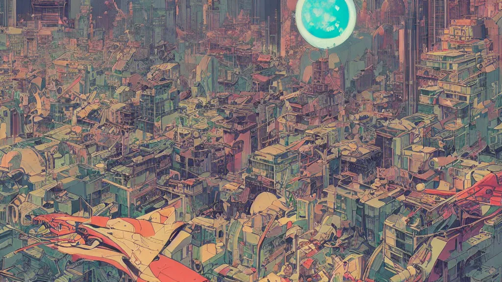 Prompt: colourful prophet graphic novel, ilya kuvshinov, mcbess, rutkowski, simon roy, roset, kuvshinov, illustration of decrepit cyberpunk arcologies in dystopian megalopolis ruins with spaceship debris floating in space, wide shot, high contrast colors, very anime!!! anime!! intricate details, deep shadows, astrophotography