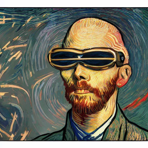 Image similar to Illustrated by Shepard Fairey and Greg Rutkpwski | Cyberpunk Van Gogh with VR helmet, surrounded by cables