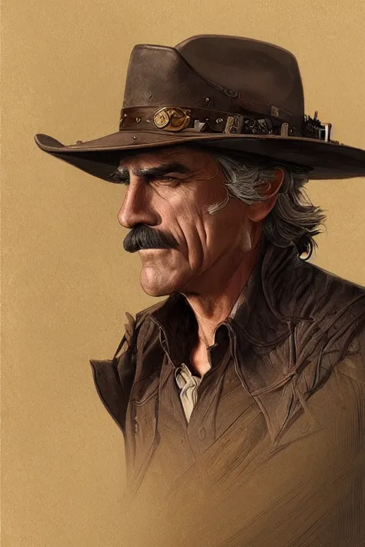 Image similar to portrait of sam elliott, western, gunslinger, duster, fantasy, intricate, elegant, highly detailed, digital painting, artstation, concept art, sharp focus, illustration, art by artgerm and greg rutkowski and alphonse mucha