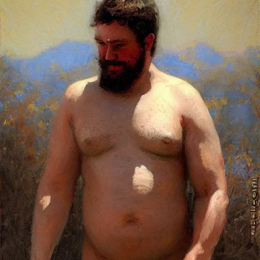 Prompt: a man with a dadbod body type, painting by Gaston Bussiere, Craig Mullins