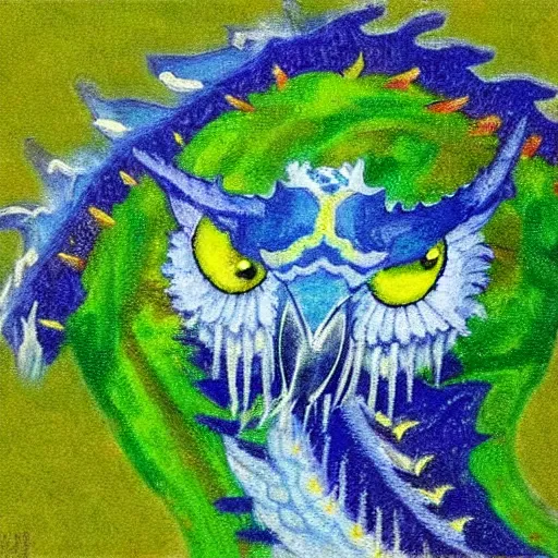 Image similar to an impressionist painting of a Chinese dragon with the face of a barn owl, covered in moss