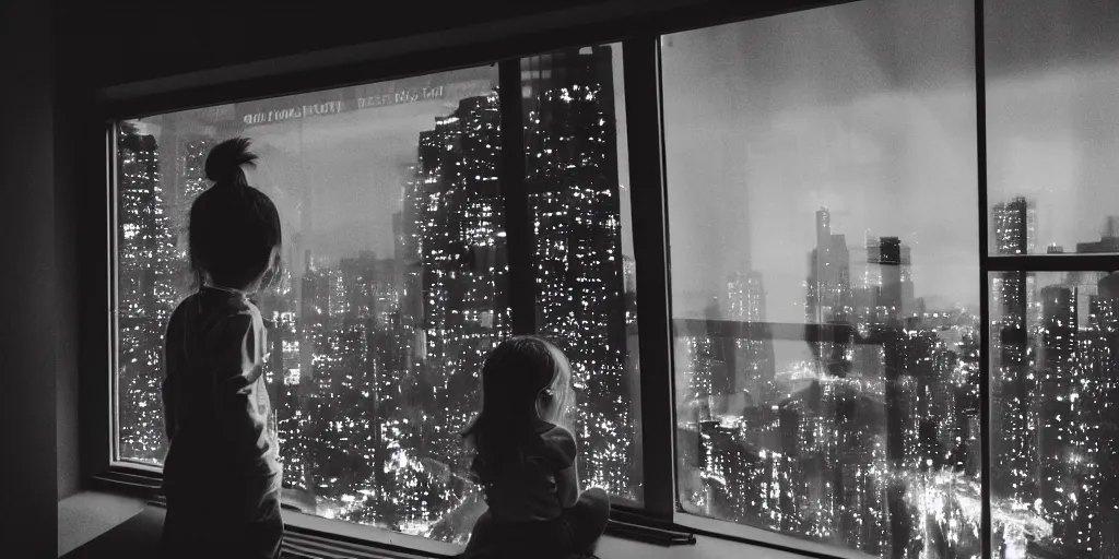 Prompt: overlooking on night city cyberpunk from floor to ceiling window, little girl, beautiful hair at the back, looking out the window, liminal, cinematic, dreamscape