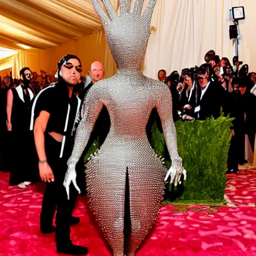 Prompt: A massive anthro metal fork at the Met Gala