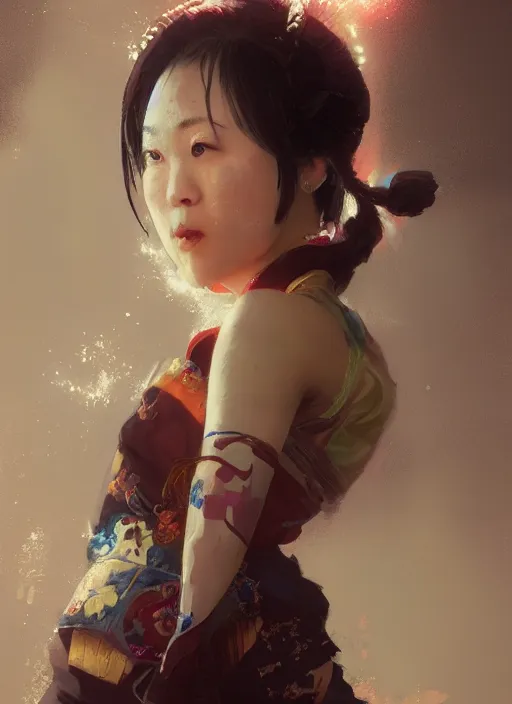 Image similar to hyper realistic photography portrait of smiling asian japanese festival partygirl amazon face cinematic, vallejo, full shot, craig mullins greg rutkowski, artstation, cgsociety