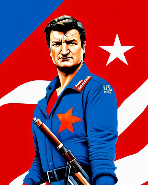 Image similar to nathan fillion in the style of cuban communist propaganda poster art in the year 1 9 8 7 ultra realistic, concept art, intricate details, highly detailed, photorealistic, octane render, 8 k, unreal engine. art by artgerm and magali villeneuve