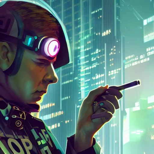 Image similar to a cop in a futuristic cyber punk like city that is investigating a crime while smoking a cigarette