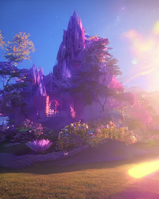 Prompt: a beautiful holograph of crystal castle by makoto shinkai, unreal engine, dreamlike, reflection, soft lighting, gems, prism, iridescence