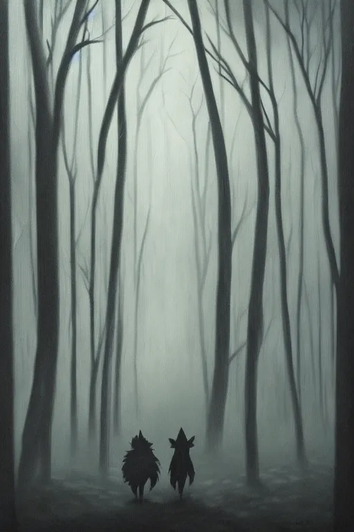 Image similar to dark and spooky woods featuring a menacing werewolf silhouette. atmospheric, foggy, oil painting on canvas. fairytale