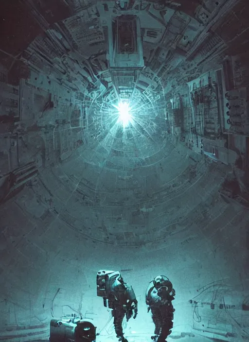 Image similar to astronauts in dark and empty void underwater - complex composition. reflection and dispersion materials. rays and dispersion of light. volumetric light. 5 0 mm, f / 3 2. noise film photo. flash photography. ultra realistic, wide angle. poster by wayne barlowe, hajime sorayama aaron horkey, craig mullins. dark key.