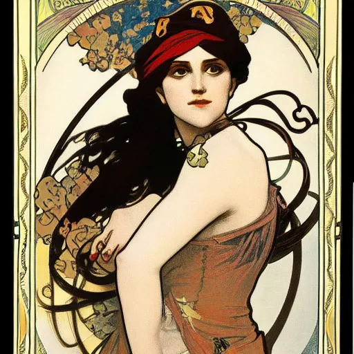 Prompt: female pirate, painted by alphonse mucha