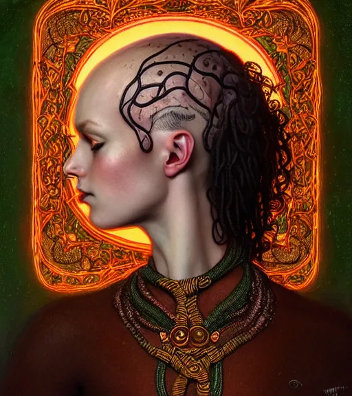 Image similar to portrait of alopecia naughty teen medusa, vipers grow from her head, wearing an embroidered rusty tunic, dark background, intricate, elegant, copper and emerald jewelry, glowing lights, highly detailed, digital painting, artstation, concept art, smooth, sharp focus, illustration, art by wlop, mucha, artgerm, and greg rutkowski