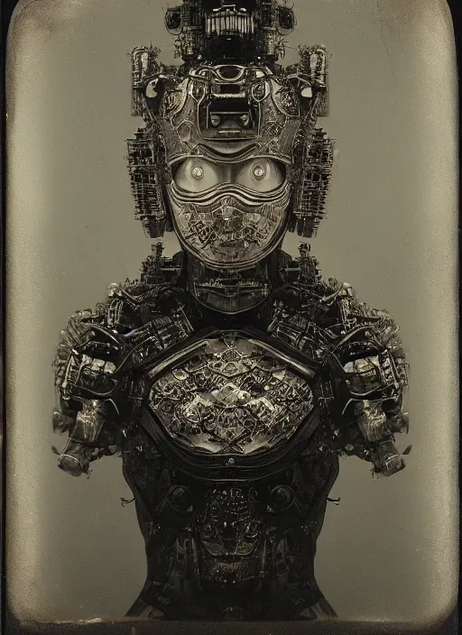 Image similar to old wetplate daguerreotype frame portrait of a futuristic silver armored geisha emperor district 9 cyborg, fractal, intricate, elegant, highly detailed, subsurface scattering, by jheronimus bosch and greg rutkowski and louis jacques mande daguerre