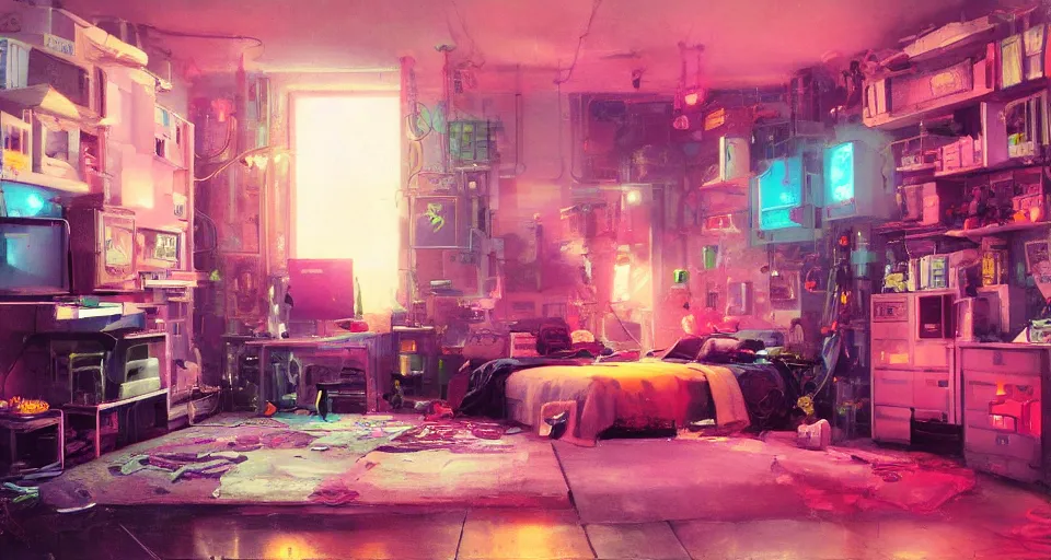 Image similar to IKEA catalogue photo of a cyberpunk bedroom, by Paul Lehr