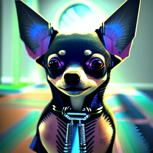 Image similar to humanoid chihuahua living in an extradimensional reality where it is a god, in the style of wlop, illustration, epic, fantasy, hyper detailed, smooth, unreal engine, sharp focus, ray tracing, physically based rendering, renderman, beautiful