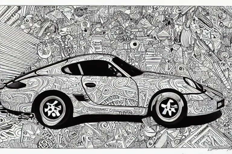 Image similar to a black and white drawing of a porsche cayman, a detailed mixed media collage by hiroki tsukuda and eduardo paolozzi and moebius, intricate linework, sketchbook psychedelic doodle comic drawing, geometric, street art, polycount, deconstructivism, matte drawing, academic art, constructivism