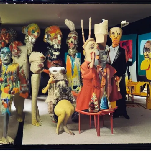 Image similar to a claymation film still of anthropomorphic object / collection / ethnographic museum / claymation by andy warhol