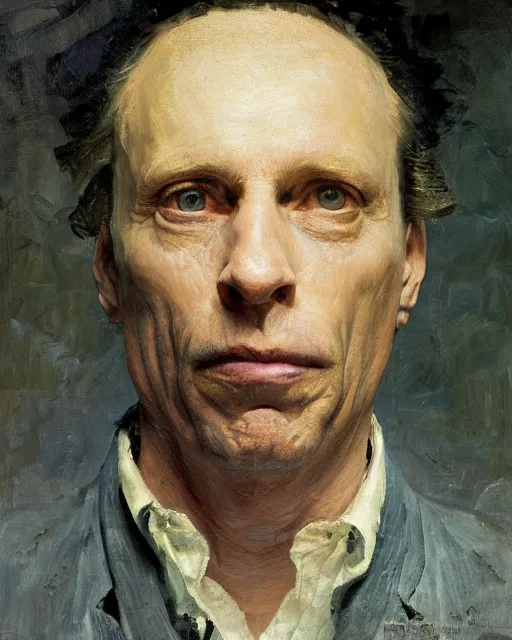 Image similar to painterly portrait, william fichtner, impasto, fantasy, chuck close:7, carl spitzweg:7, cinematic light, full face, symmetrical face