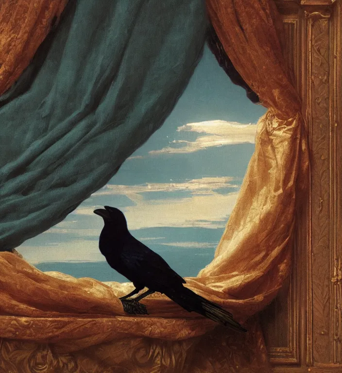 Image similar to a beautifully photoreal clear detailed victorian portrait of a close up raven on a victorian windowsill with an ornate velvet dark teal curtain at beautiful sunset daytime nature sunlit painting by frederic leighton and turner and morris and rosetti, humerous, cheeky, 8 k, octane render