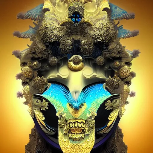 Prompt: 3 d goddess fractal close - up frontal portrait with ram golden skull. beautiful intricately detailed japanese fractal kitsune mask and clasical japanese kimono. betta fish, jellyfish fractal, bio luminescent, plasma, ice, water, wind, creature, mandelbulb, fractal, artwork by tooth wu and wlop and beeple and greg rutkowski