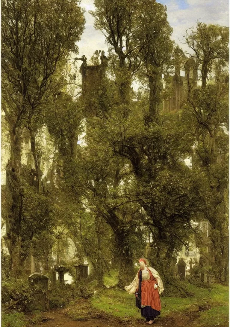 Image similar to a giant knight in rusty armour walks through a cemetery on a path by a church in manchester england, overgrown, weeds and ivy on the graves, an old twisted tree, a tall stone wall, lawrence alma-tadema