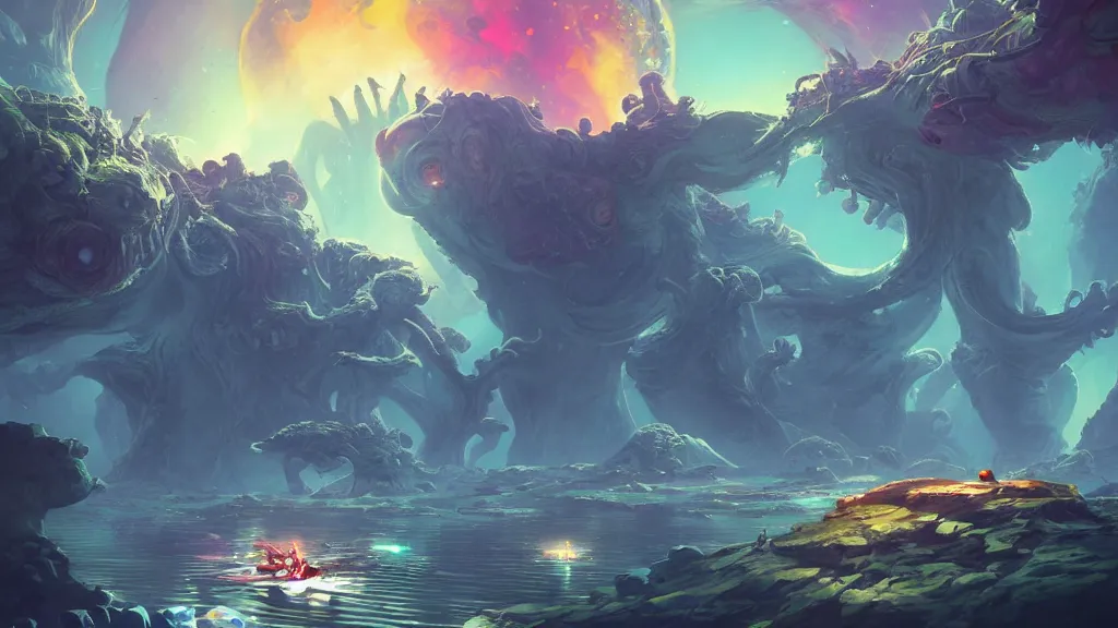 Image similar to Astronauts have a treasure with them, they take over the giant Cthulhu, they are over the ring of the gas planet, this is an extravagant planet with wacky wildlife and some mythical animals, the background is full of nebulas and planets, the ambient is vivid and colorful with a terrifying atmosphere, by Jordan Grimmer digital art, trending on Artstation,