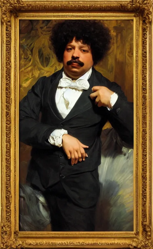 Image similar to Portrait of Alexandre Dumas, oil on canvas, highly detailed, high contrast, by Franz Xaver Winterhalter, Henry Ossawa Tanner, 8k