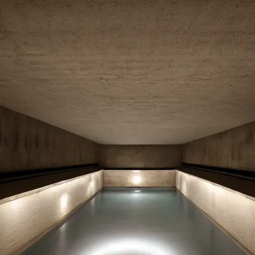 Image similar to a dimly lit underground pool made of white stone, surreal, liminal, eerie, minimalist, photo,