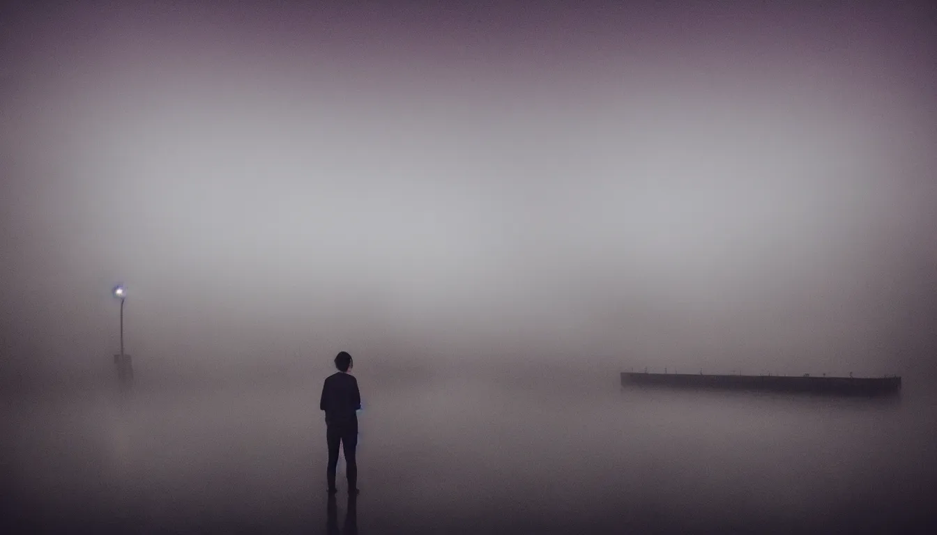 Image similar to 80s asian neon movie still with a lone man levitating over a pier by the river on early morning with city lights behind his back, Fog raising from river, Color film, Fallen angels movie still. hyperrealistic, photorealistic, high definition, medium format photography, highly detailed, tehnicolor, anamorphic 50mm lens