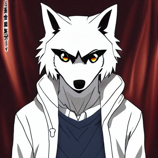 Image similar to key anime visual portrait of an anthropomorphic anthro wolf fursona, in a jacket, with handsome eyes, official modern anime art