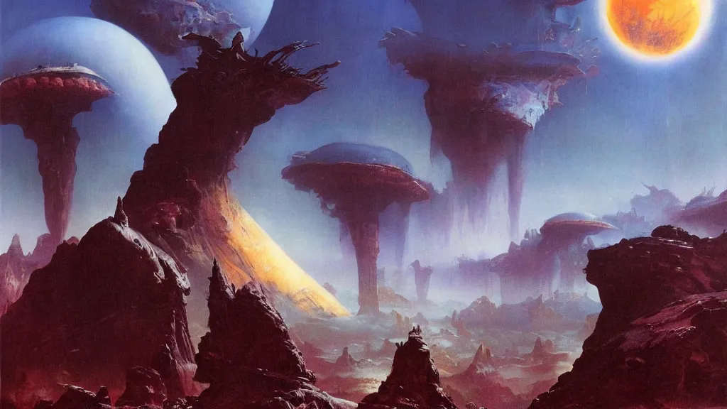 Image similar to surreal eerie alien planet empire by frank frazetta and bruce pennington, cinematic matte painting