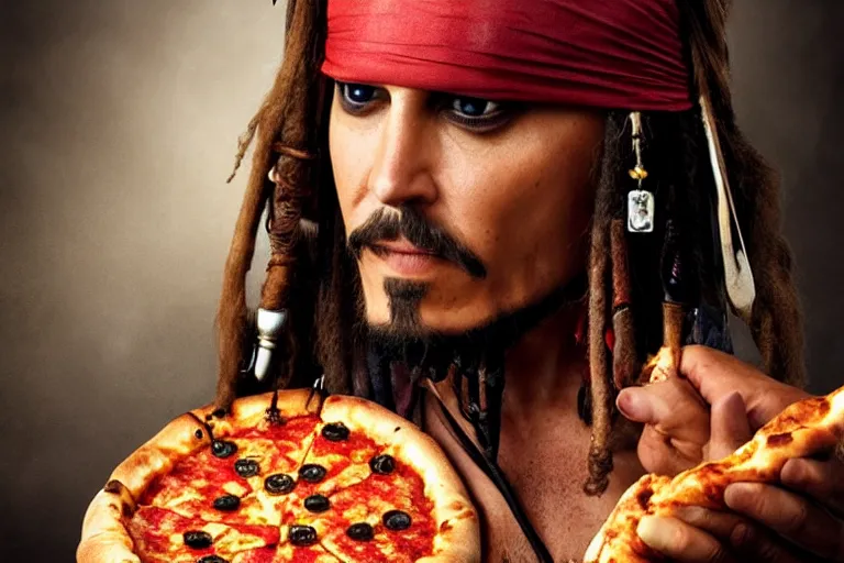 Prompt: Captain Jack Sparrow eating a delicious pizza, studio portrait, dramatic lighting, trending on artstation