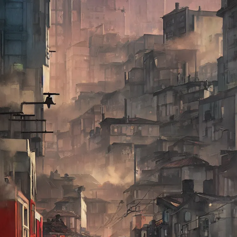 Image similar to honk kong slums in smoke, , painted by Edward Hopper, painted by James Gilleard, airbrush