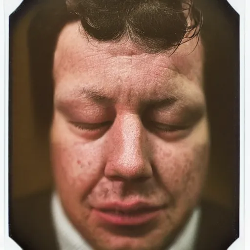 Image similar to a professional polaroid portrait fine art photo of a man with an asymmetrical face with his eyes closed. the man has black hair, light freckled skin and a look of confusion on his face. extremely high fidelity. key light. inspired by gilbert & george.