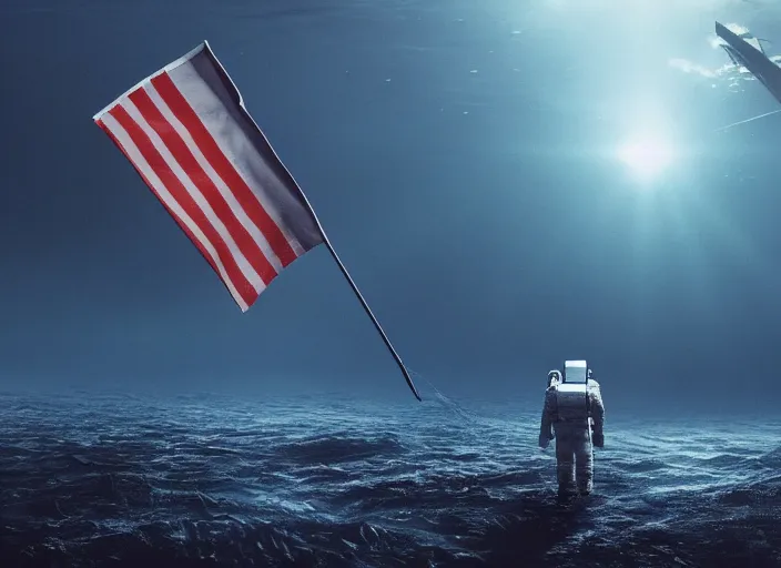 Image similar to astronaut holding a flag in an underwater desert. a submarine is visible in the distance. dark, concept art, cinematic, dramatic, atmospheric, 8 k, trending on artstation, blue, fish, low visibility, fog, ocean floor, christopher nolan, interstellar