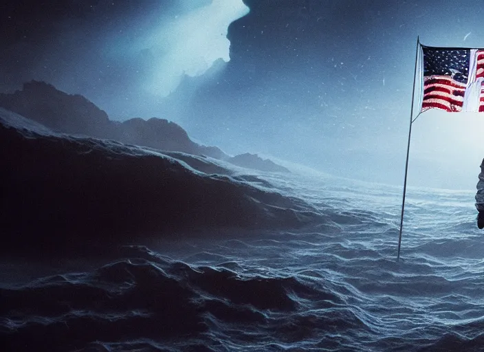 Image similar to astronaut holding a flag in an underwater desert. a submarine is visible in the distance. dark, concept art, cinematic, dramatic, atmospheric, 8 k, trending on artstation, blue, fish, low visibility, fog, ocean floor, christopher nolan, interstellar