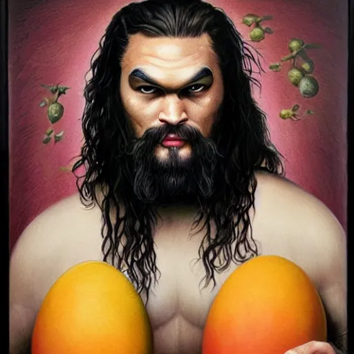 Image similar to jason momoa as a mango, lowbrow painting by mark ryden