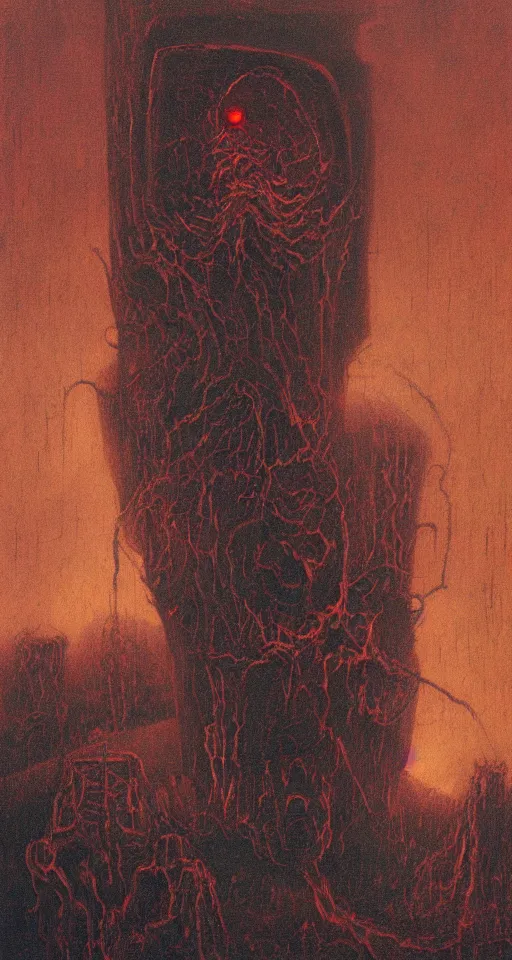 Image similar to Painting in a style of Beksinski featuring a giant robotic monster yelling in the dark, creepy, pain, suffering in the background