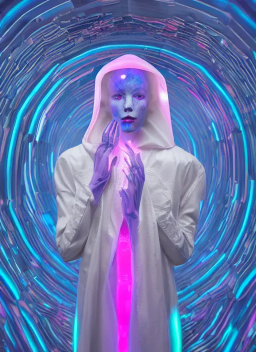 Prompt: photo of fullbodied baroque and bladerunner delicate neon diamond sculpture of seductive onyx albino marble prince nick jonas dotado pink iridescent humanoid deity wearing blue plastic hooded cloak holding an glass skull in a onyx alien dungeon, reclining, glowing magenta face, crown of white diamonds, cinematic lighting, photorealistic, octane render 8 k depth of field 3 d