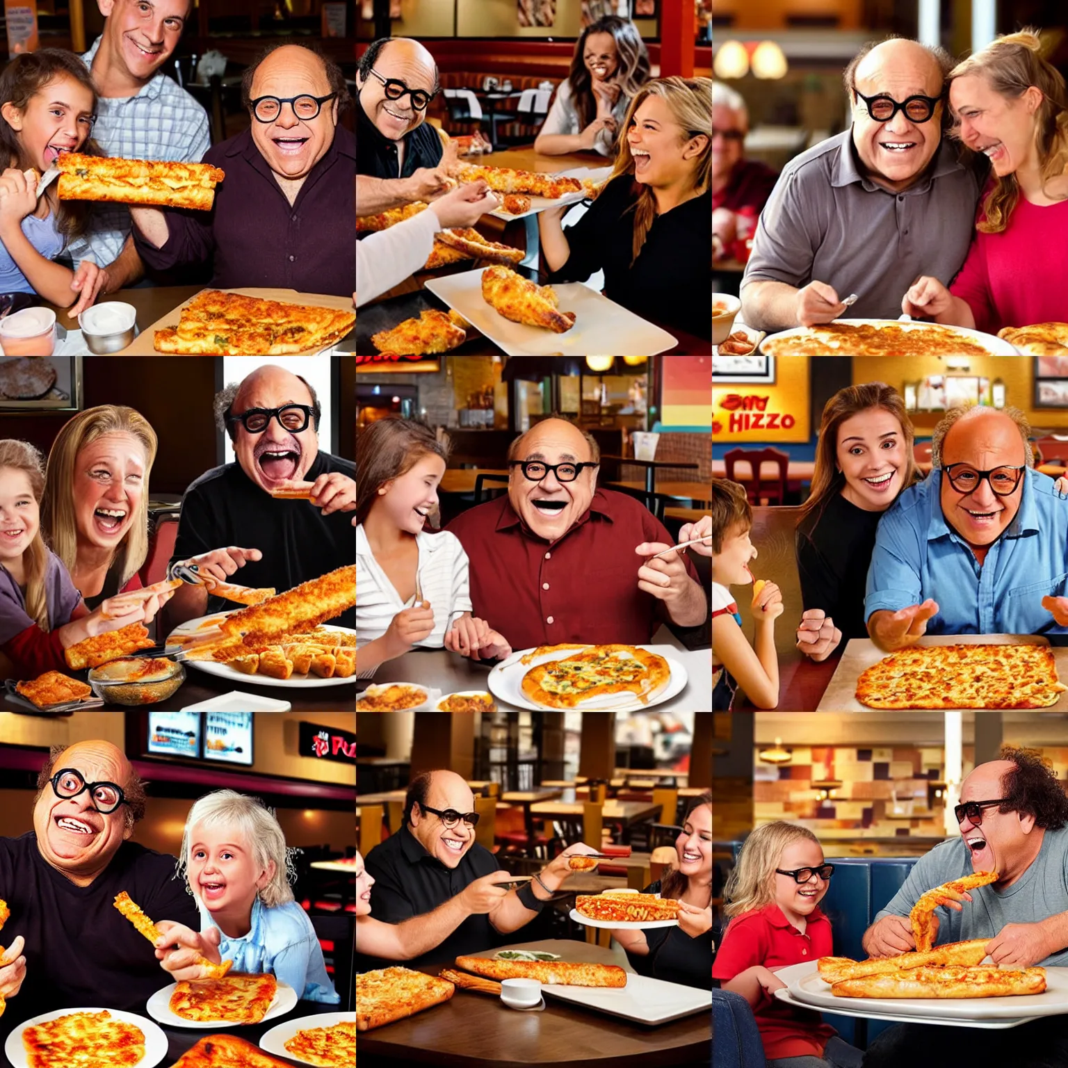Prompt: Danny DeVito disguised as cheesy bread sticks being served to a smiling, insanely and perhaps disgustingly happy family at a table at Pizza Hut restaurant