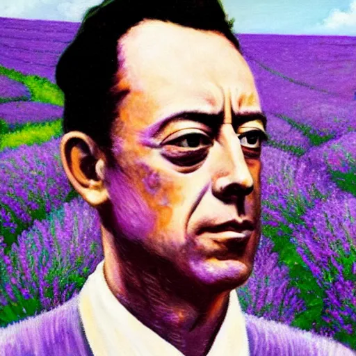 Prompt: albert camus in a lavender field, subtle, intricate details, real masterpiece, oil on canvas