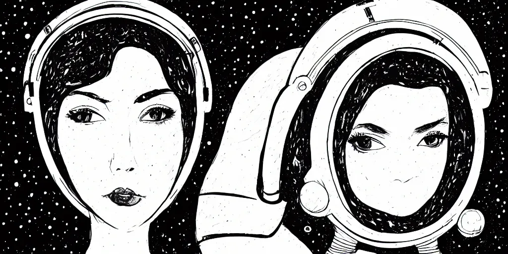 Prompt: ink lineart drawing of a beautiful young woman wearing a space helmet, dark lips, round eyes, space background, artstation, etchings by goya, chinese brush pen, illustration, high contrast, deep black tones contour