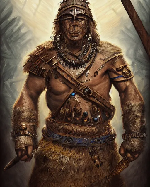 Prompt: digital painting of barbaric incan warrior, by filipe pagliuso and justin gerard, symmetric, fantasy, highly detailed, realistic, intricate, portrait, sharp focus, tarot card, face, handsome, peruvian