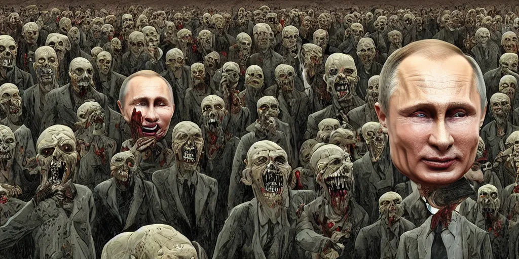 Image similar to vladimir putin's face is eaten by worms, in the background an army of zombies with their mouths sewn shut with wire in the shape of the letter z, drawn in the style of ralph mcquarrie, photorealistic, hyperdetailed